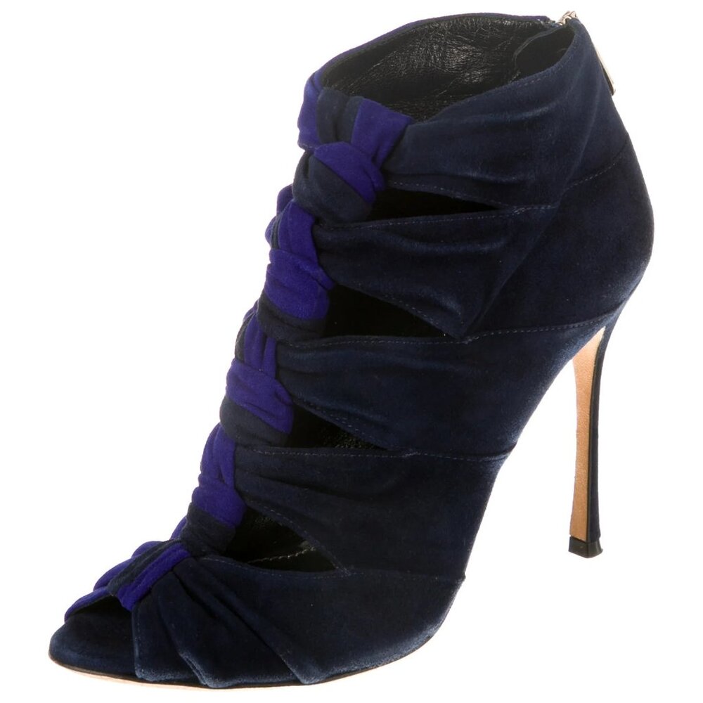 Sergio Rossi Blue Black Knot Suede Cutout Accent Lace-Up Heels Booties EU36